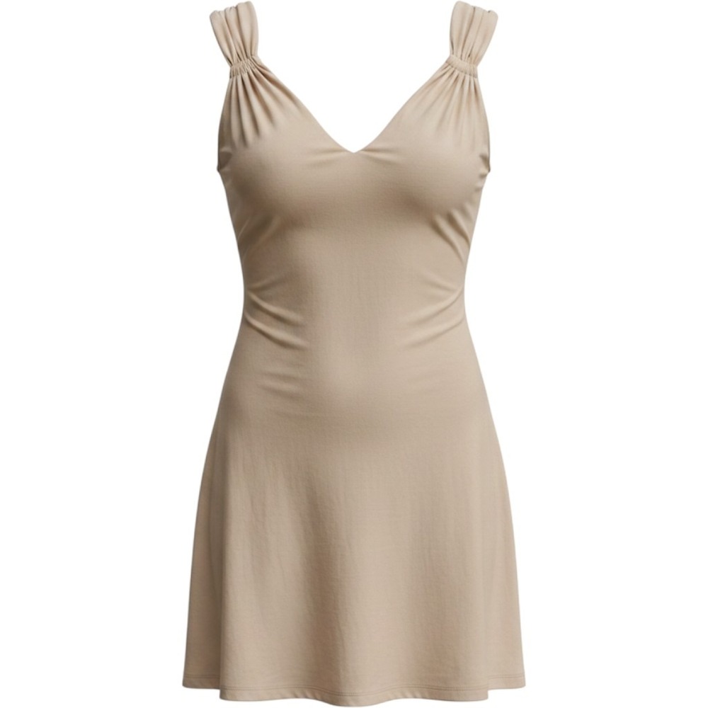 Hyfve Tan Beige V-Neck Mini Dress Wooden Ring Back Detail Small